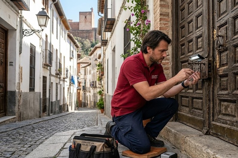 Cerrajero reparando cerradura en un carmen del Realejo